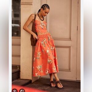 Free People Luca Printed Bustier Corset Top & Midi Skirt Vintage Set M